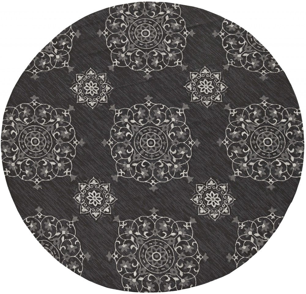 8' Charcoal Round Floral Indoor Outdoor Area Rug