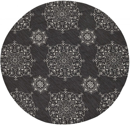 8' Charcoal Round Floral Indoor Outdoor Area Rug