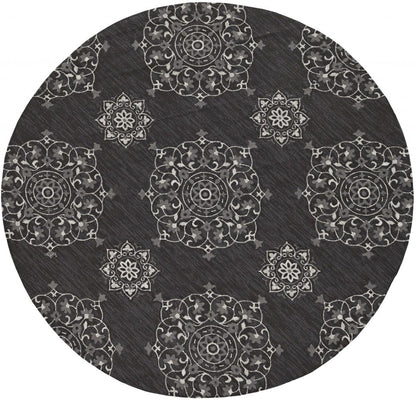 5' X 8' Charcoal Round Floral Indoor Outdoor Area Rug