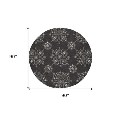 8' Charcoal Round Floral Indoor Outdoor Area Rug
