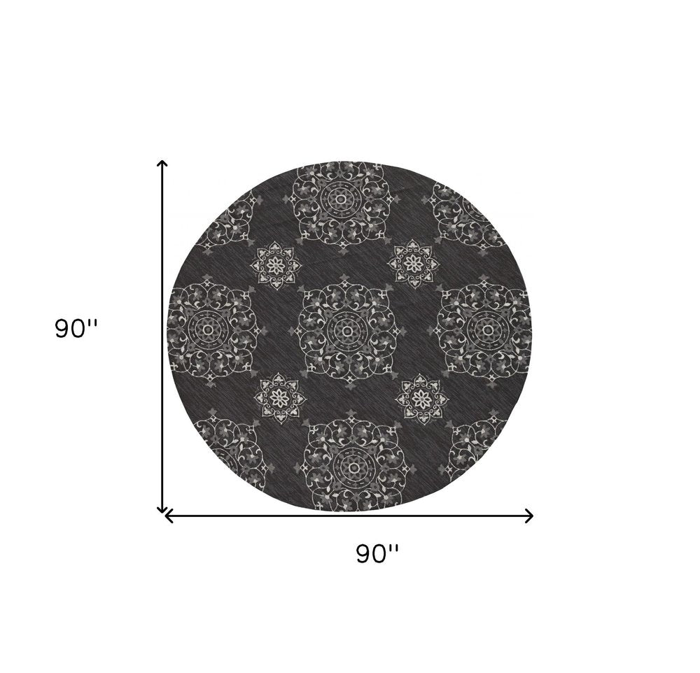 5' X 8' Charcoal Round Floral Indoor Outdoor Area Rug