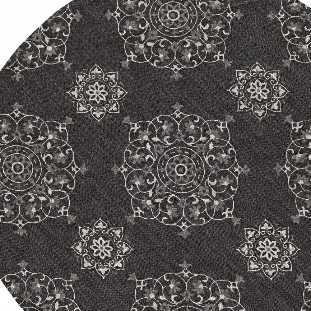 8' Charcoal Round Floral Indoor Outdoor Area Rug