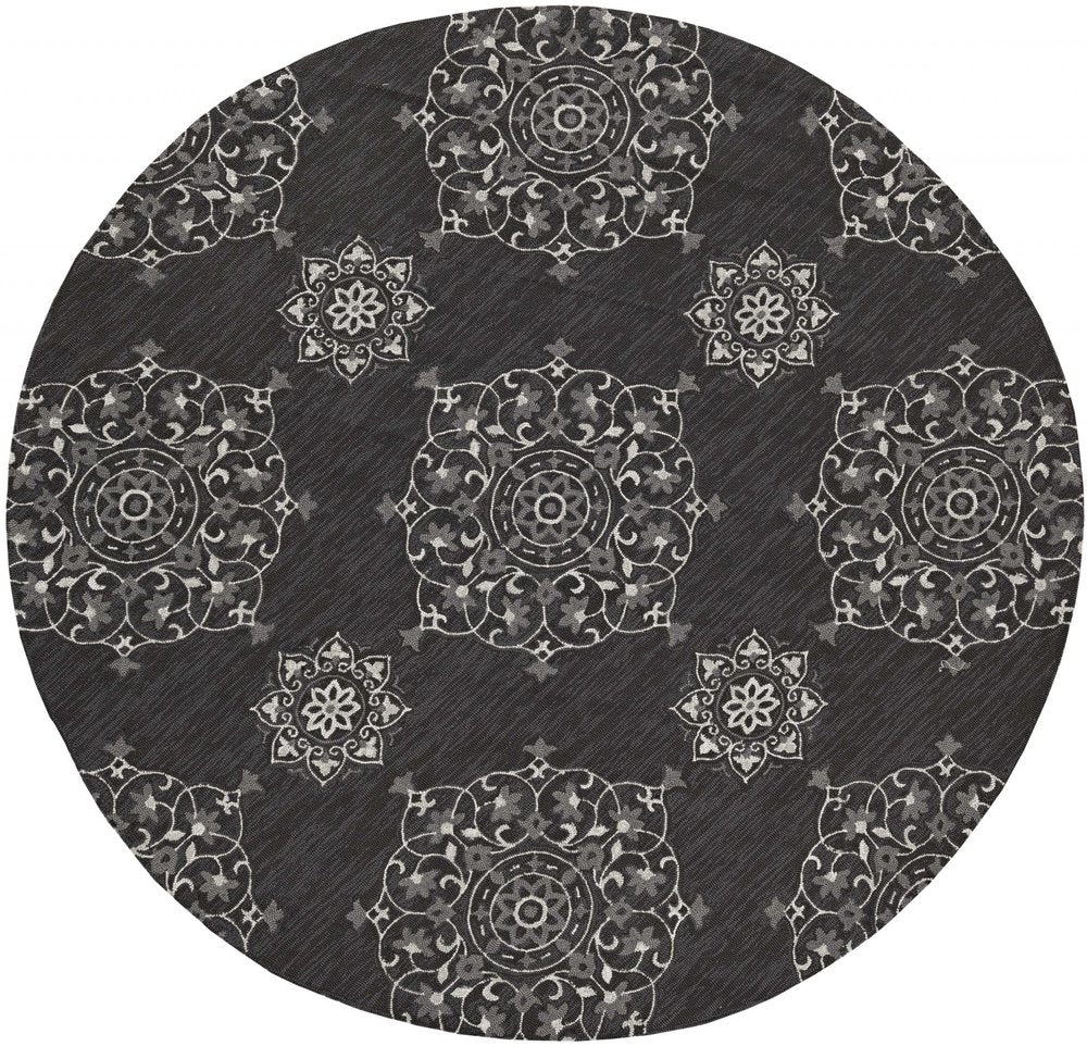 8' Charcoal Round Floral Indoor Outdoor Area Rug