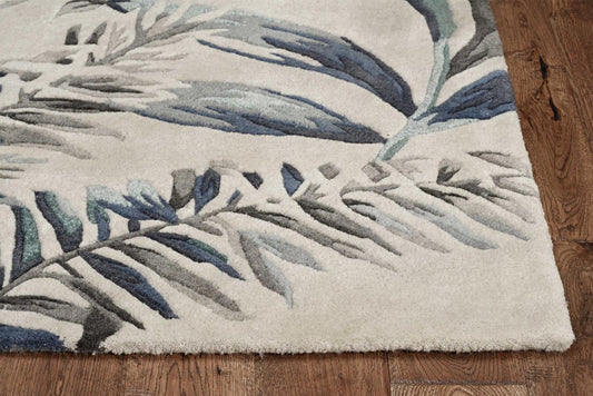 8' Blue And Gray Wool Botanical Leaves Hand Tufted Round Rug