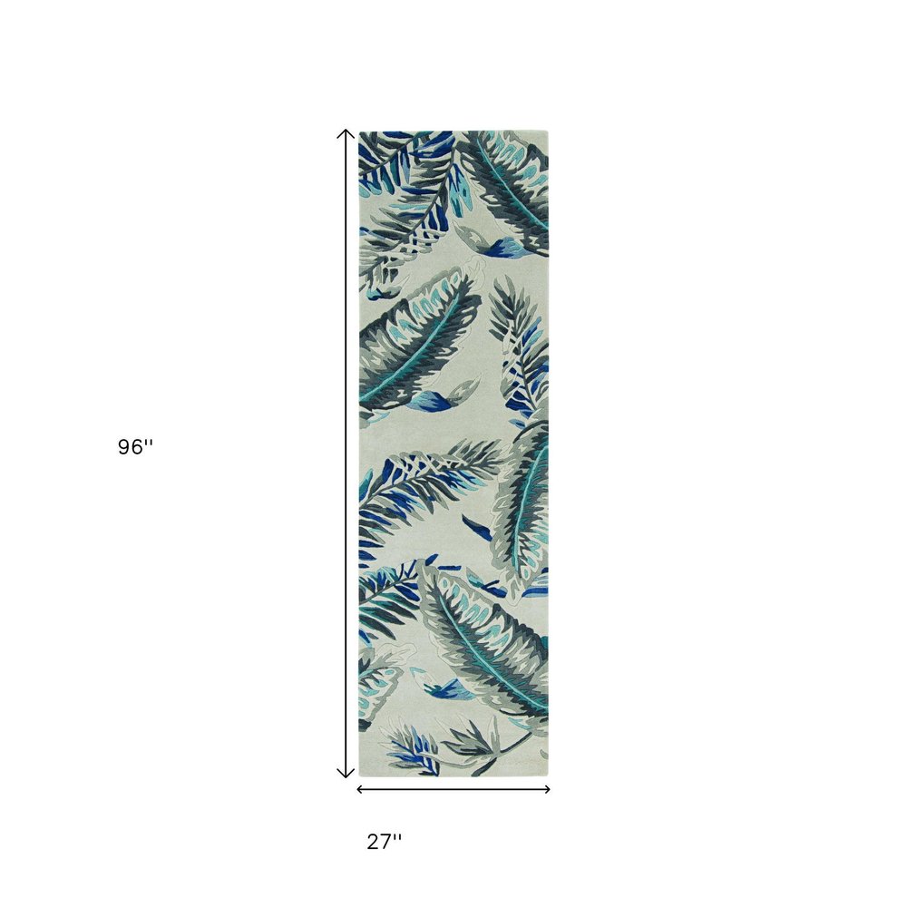 5' X 8' Blue and Gray Wool Botanical Leaves Hand Tufted Area Rug