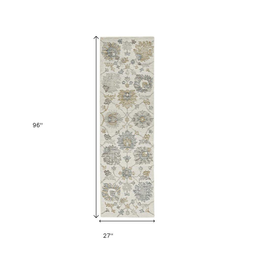 5' X 7' Ivory Gray And Green Wool Floral Hand Tufted Distressed Area Rug