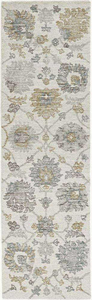 8' Ivory Gray And Green Wool Floral Hand Tufted Runner Rug