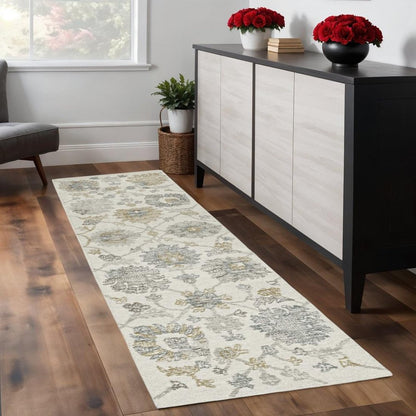 5' X 7' Ivory Gray And Green Wool Floral Hand Tufted Distressed Area Rug