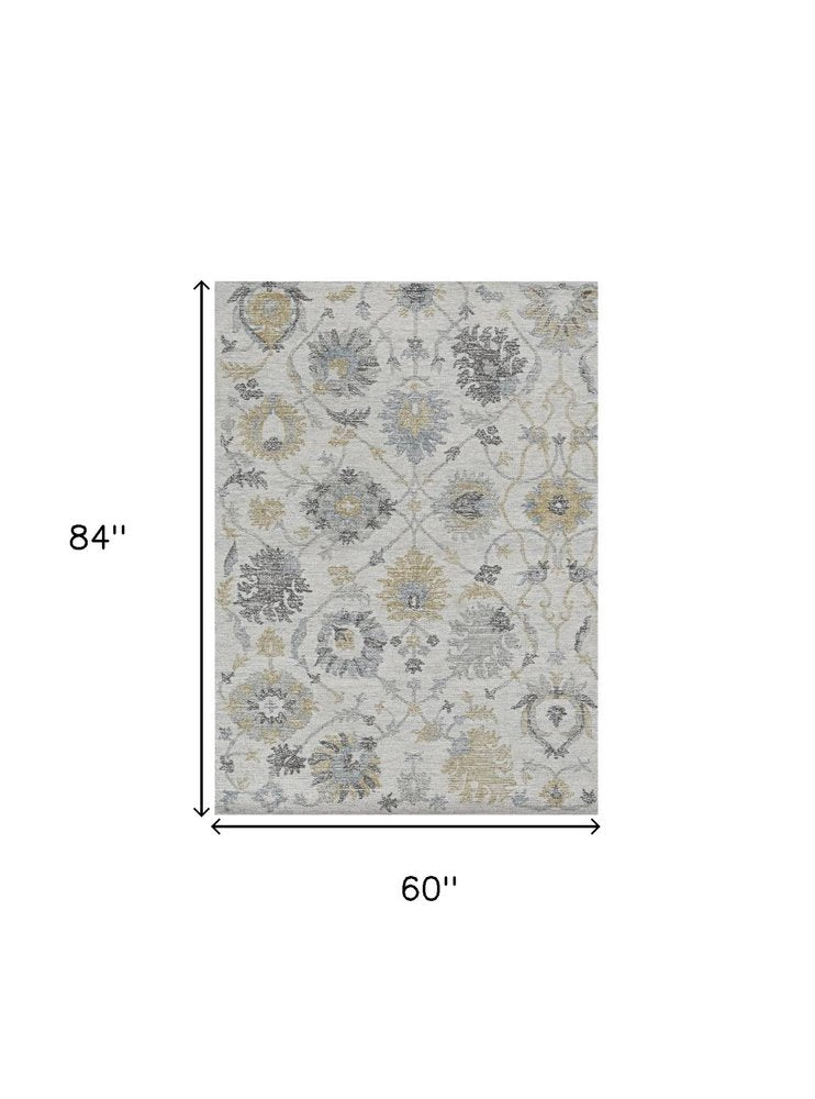 5' X 7' Ivory Gray And Green Wool Floral Hand Tufted Distressed Area Rug