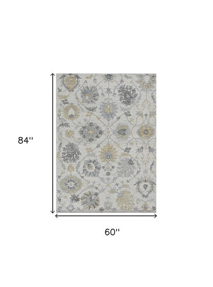 5' X 7' Ivory Gray And Green Wool Floral Hand Tufted Distressed Area Rug