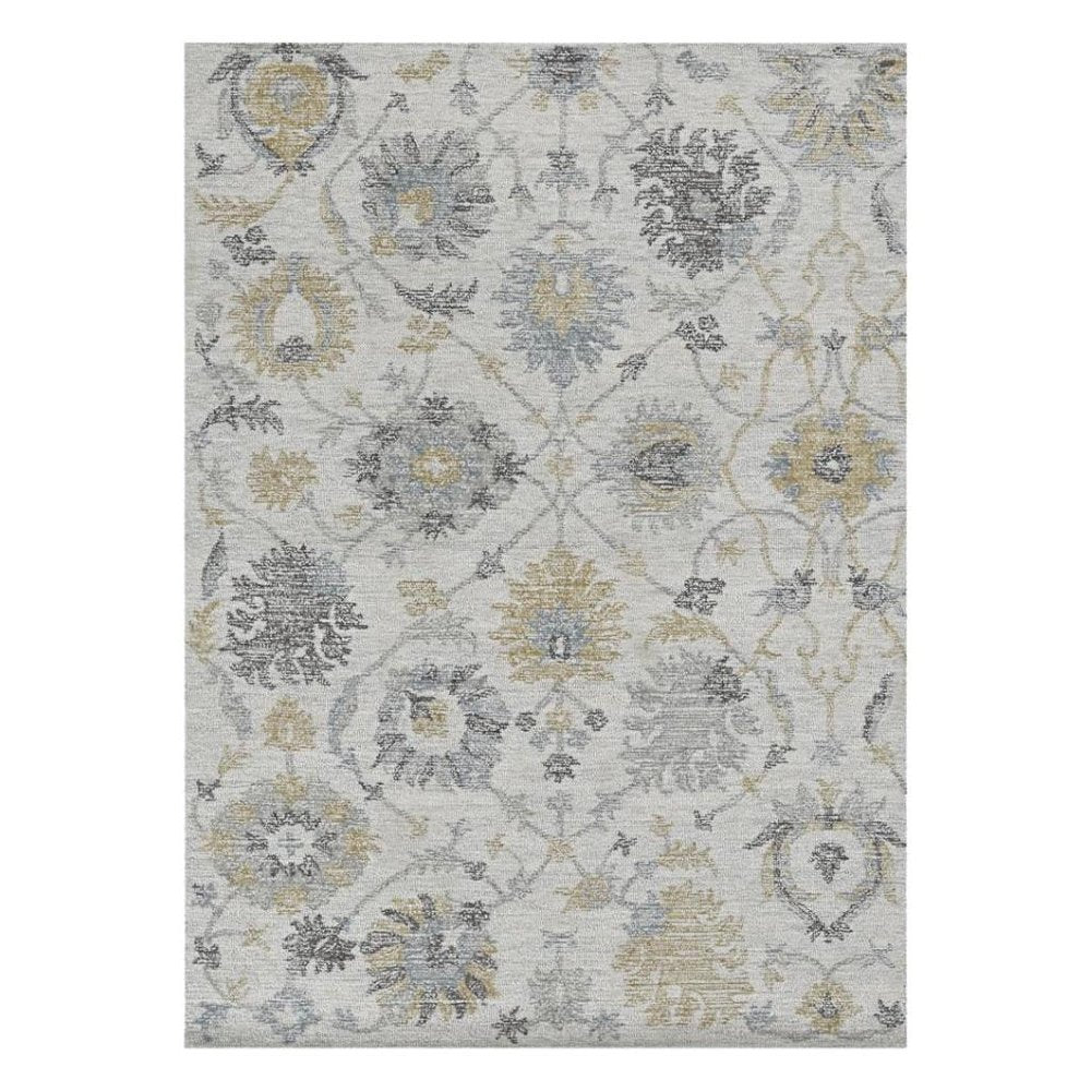 5' X 7' Ivory Gray And Green Wool Floral Hand Tufted Distressed Area Rug