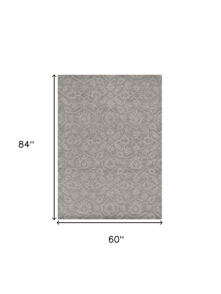 5' X 7' Gray And Light Gray Wool Floral Medallion Hand Tufted Area Rug