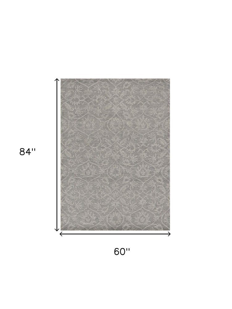 5' X 7' Gray And Light Gray Wool Floral Medallion Hand Tufted Area Rug