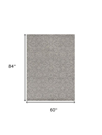 5' X 7' Gray And Light Gray Wool Floral Medallion Hand Tufted Area Rug