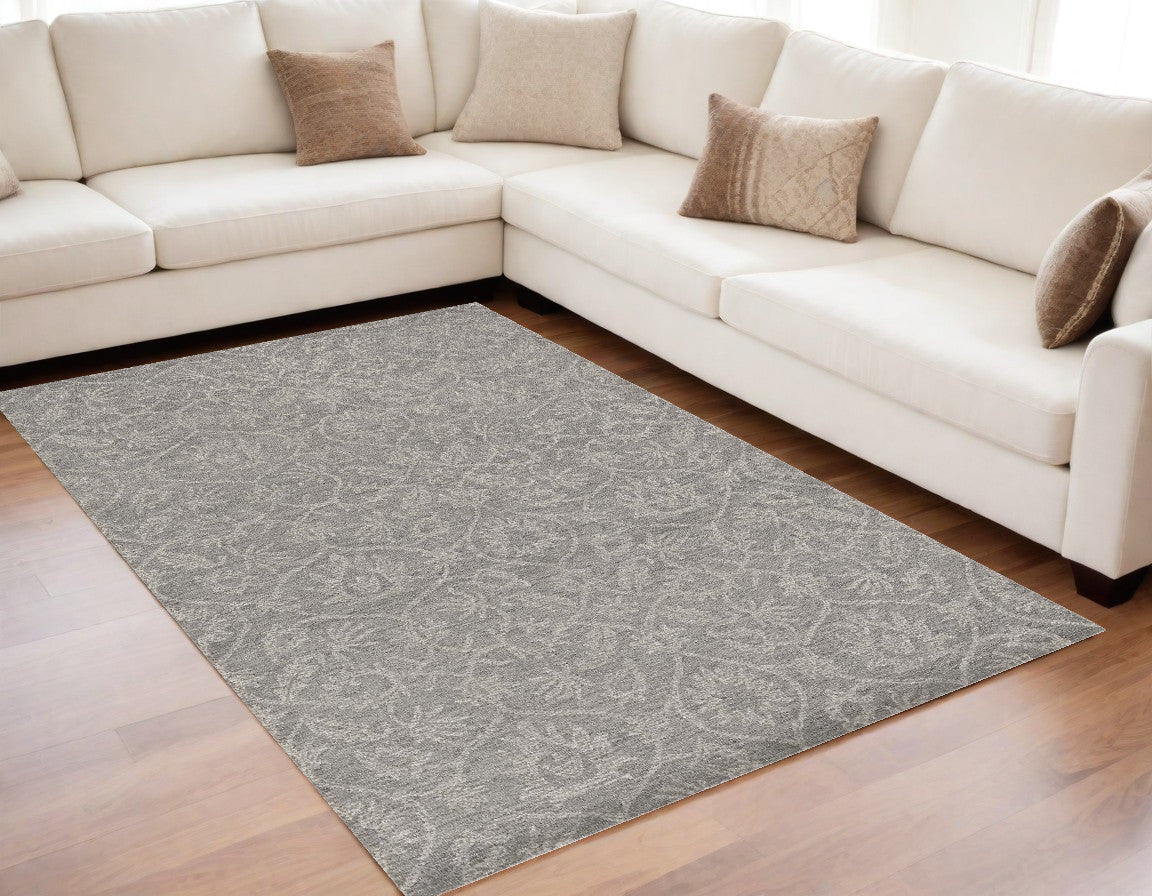 8' Grey Hand Tufted Space Dyed Floral Ogee Indoor Runner Rug