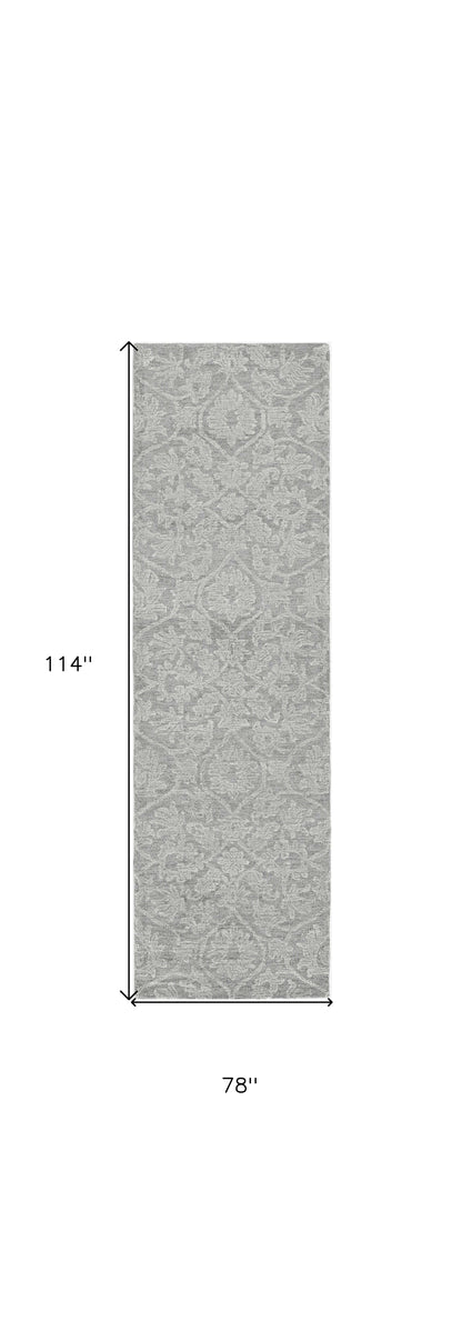 8' Grey Hand Tufted Space Dyed Floral Ogee Indoor Runner Rug