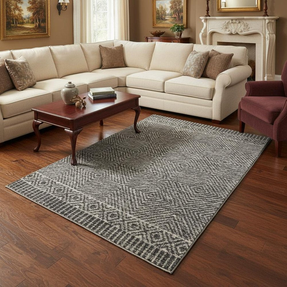 9' X 13' Gray And Black Wool Geometric Hand Tufted Area Rug