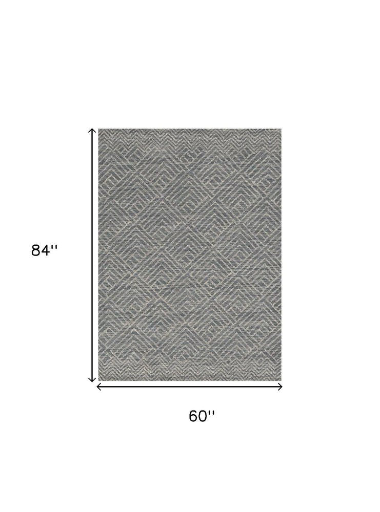 5' X 7' Denim Blue And Gray Wool Geometric Hand Tufted Area Rug