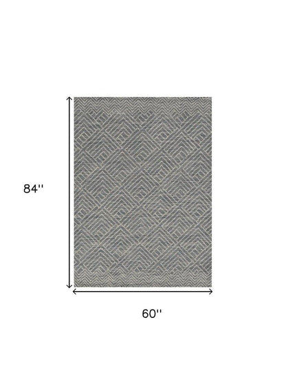 5' X 7' Denim Blue And Gray Wool Geometric Hand Tufted Area Rug