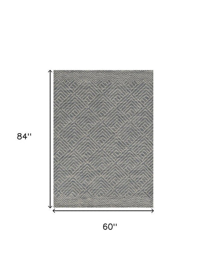 5' X 7' Denim Blue And Gray Wool Geometric Hand Tufted Area Rug