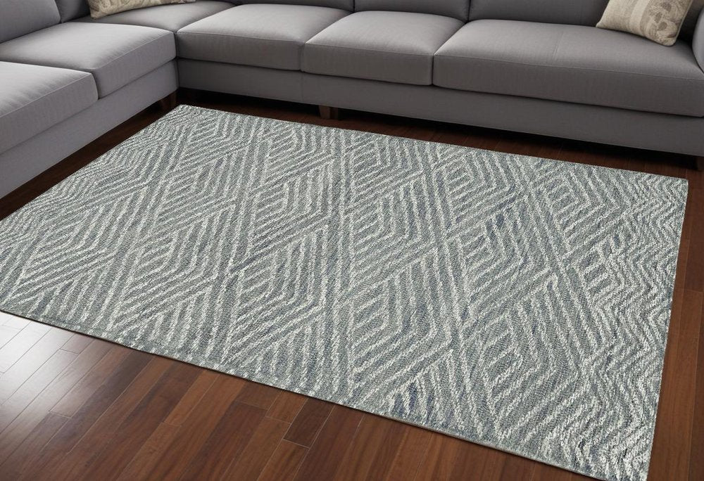 5' X 7' Denim Blue And Gray Wool Geometric Hand Tufted Area Rug