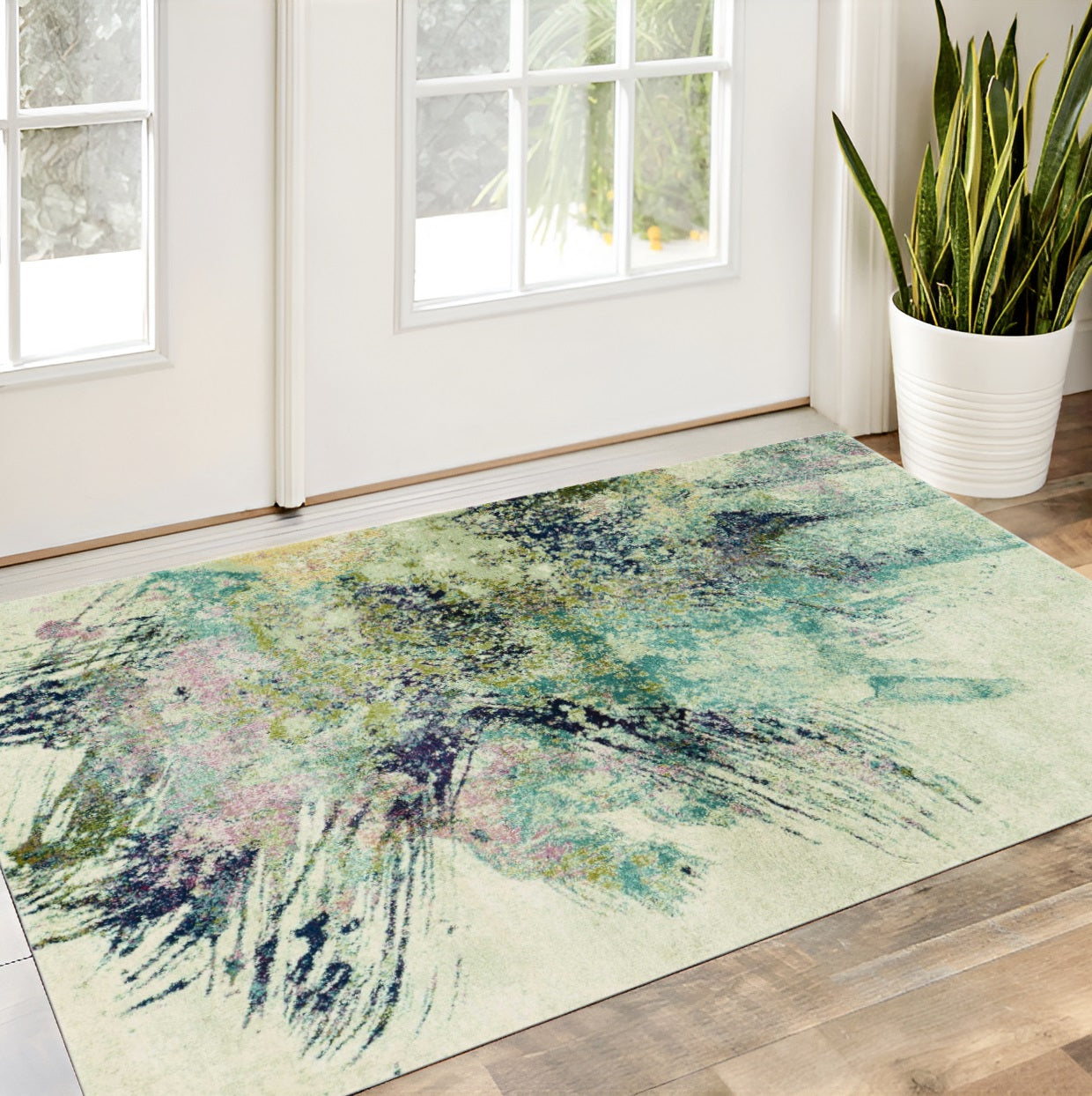 7' Ivory Machine Woven Abstract Splatter Indoor Runner Rug