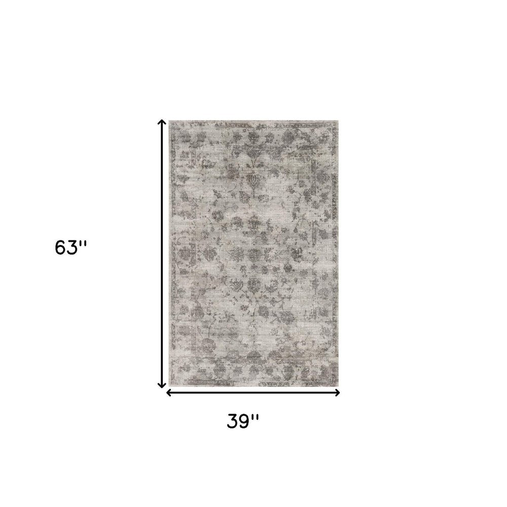 9' X 13' Gray And Dark Gray Floral Medallion Hand Loomed Distressed Area Rug