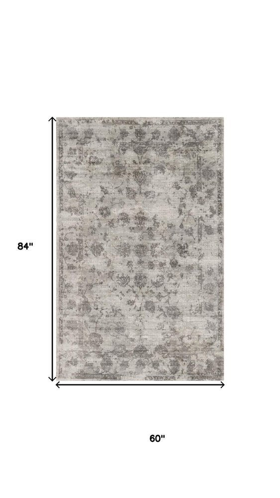 9' X 13' Gray And Dark Gray Floral Medallion Hand Loomed Distressed Area Rug