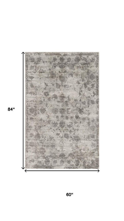 9' X 13' Gray And Dark Gray Floral Medallion Hand Loomed Distressed Area Rug