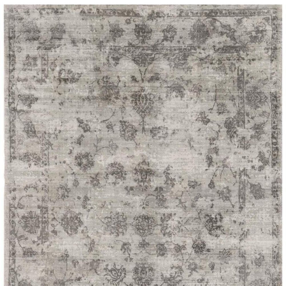 9' X 13' Gray And Dark Gray Floral Medallion Hand Loomed Distressed Area Rug