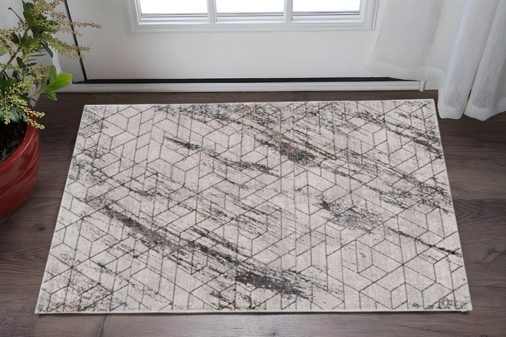 3' X 5' Ivory And Brown Geometric Area Rug