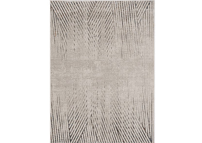 7' Ivory Grey Machine Woven Geometric Lines Indoor Runner Rug