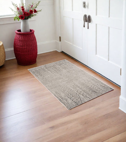 7' Ivory Grey Machine Woven Geometric Lines Indoor Runner Rug