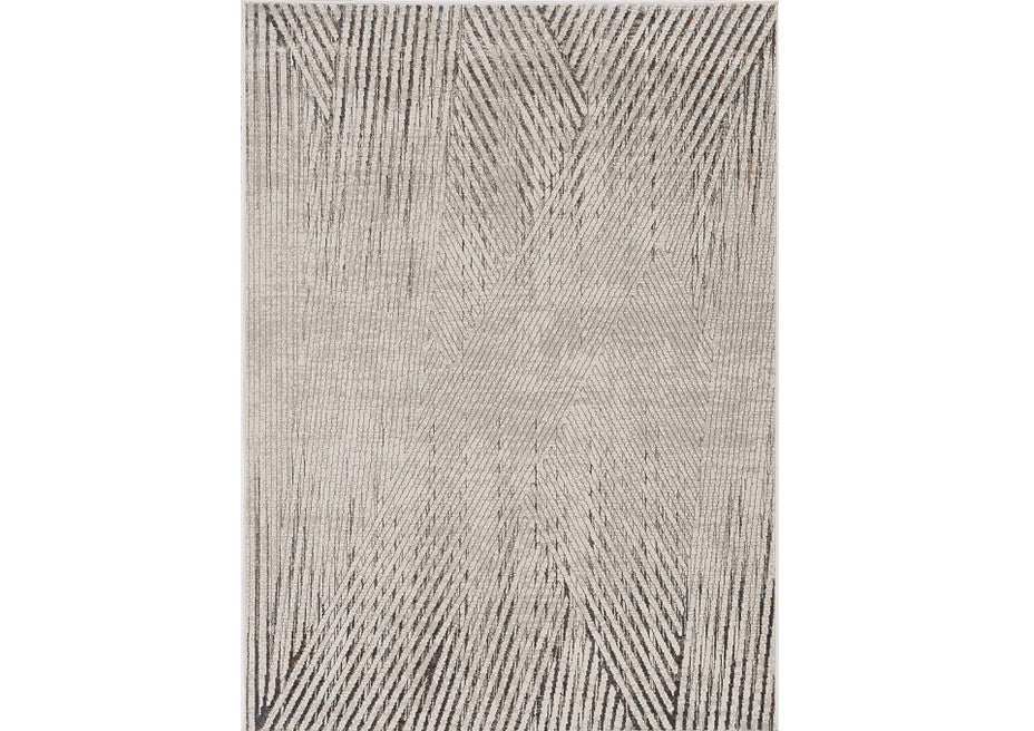 7' Ivory Grey Machine Woven Geometric Lines Indoor Runner Rug