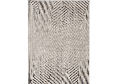 7' Ivory Grey Machine Woven Geometric Lines Indoor Runner Rug