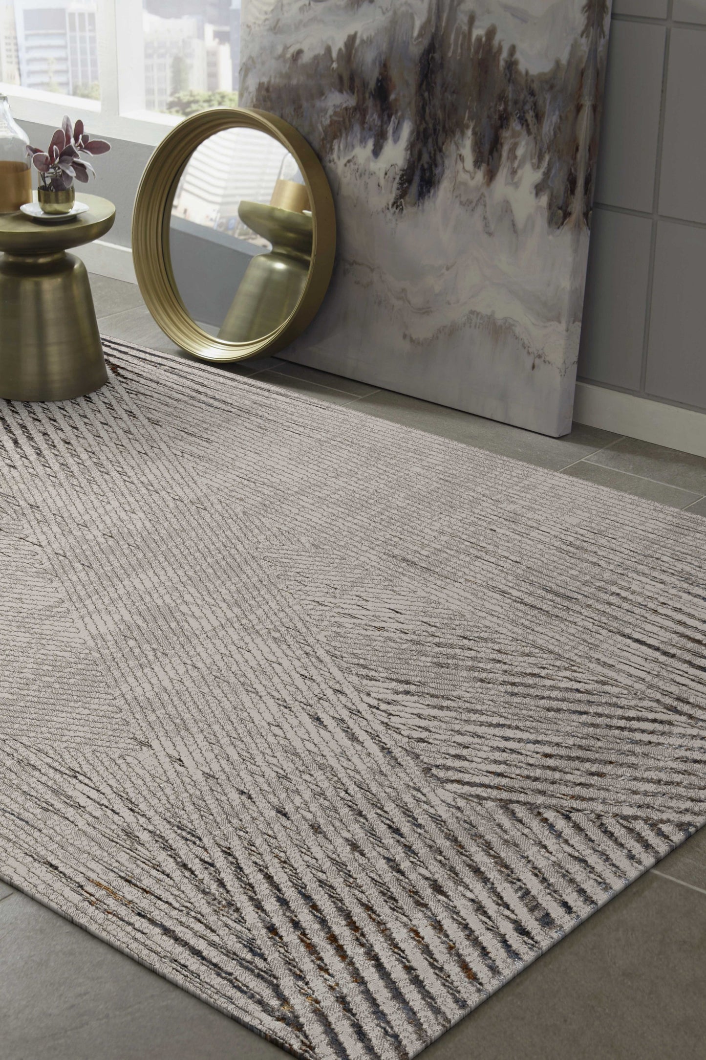 7' Ivory Grey Machine Woven Geometric Lines Indoor Runner Rug