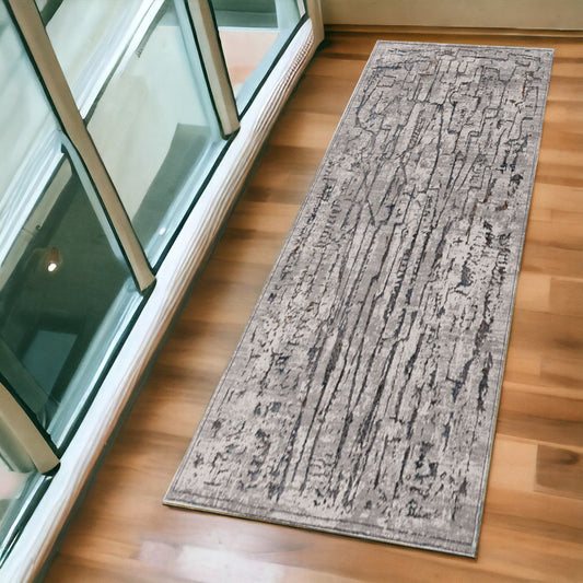 7' Grey Machine Woven Abstract  Indoor Runner Rug