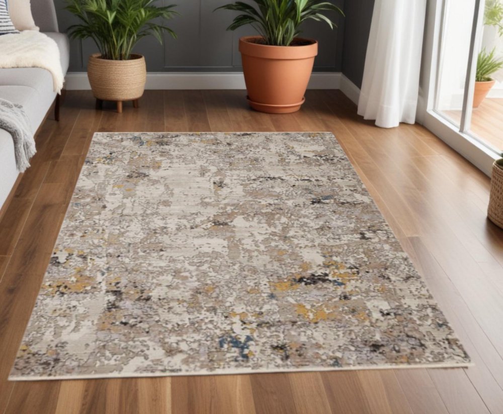 8' Gray Black And Gold Abstract Round Rug