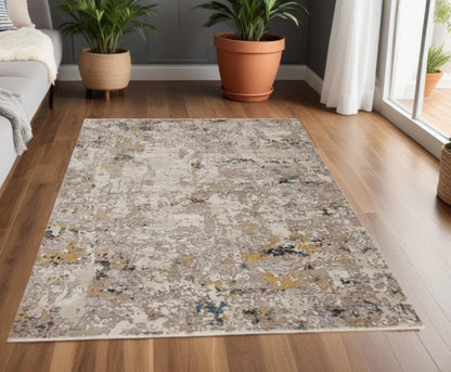 8' Gray Black And Gold Abstract Round Rug