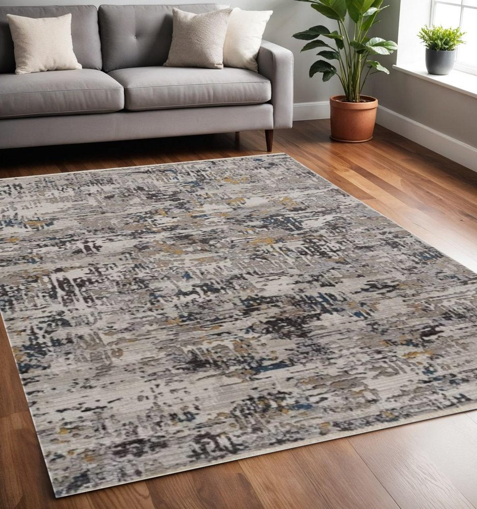 8' Gray Black And Gold Abstract Round Rug