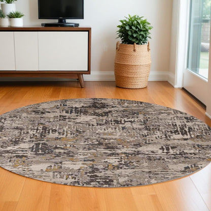 8' Gray Black And Gold Abstract Round Rug