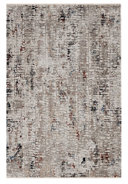 7' Beige Grey Machine Woven Shrank Abstract Design Indoor Runner Rug