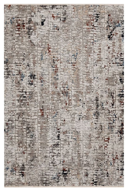 7' Beige Grey Machine Woven Shrank Abstract Design Indoor Runner Rug