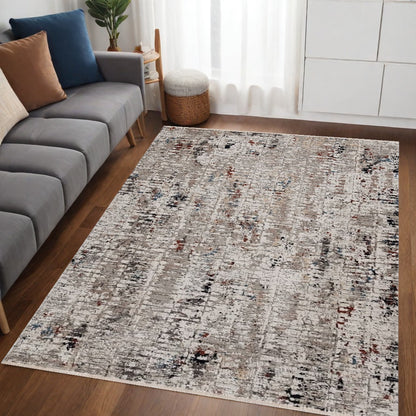 7' Beige Grey Machine Woven Shrank Abstract Design Indoor Runner Rug