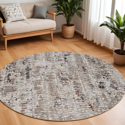 7' Beige Grey Machine Woven Shrank Abstract Design Indoor Runner Rug