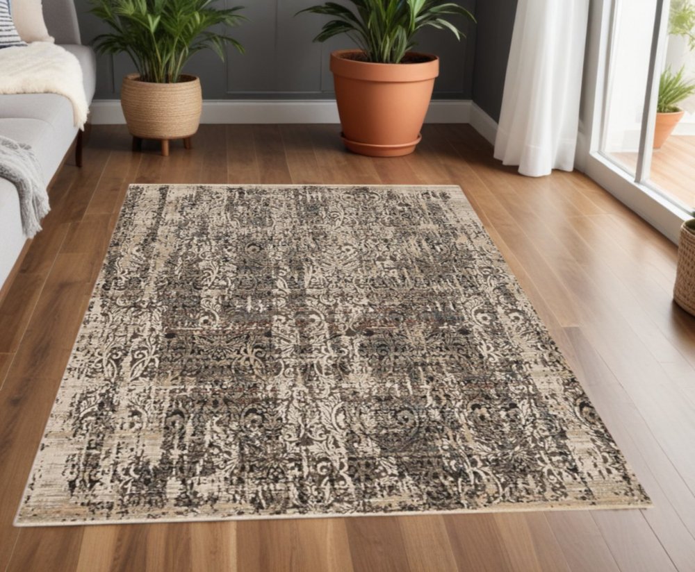 5' X 8' Gray And Tan Oriental Distressed Area Rug