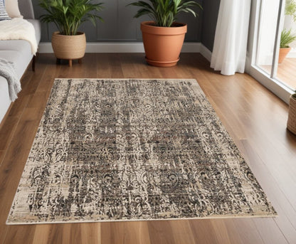 5' X 8' Gray And Tan Oriental Distressed Area Rug