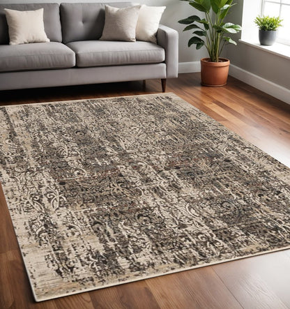 4' X 6' Gray And Tan Oriental Distressed Area Rug