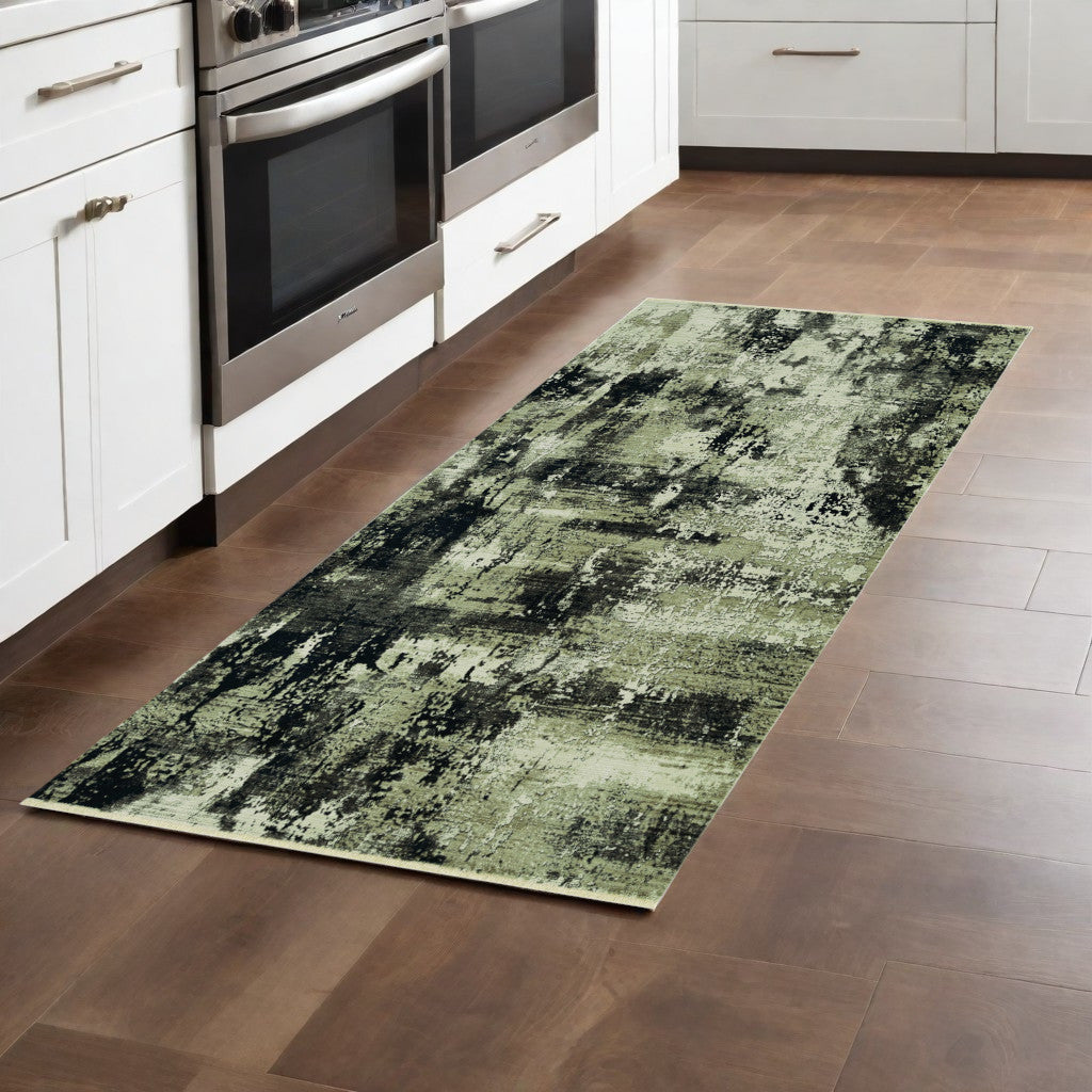 7' Ivory Charcoal Machine Woven Shrank Abstract Design Indoor Runner Rug