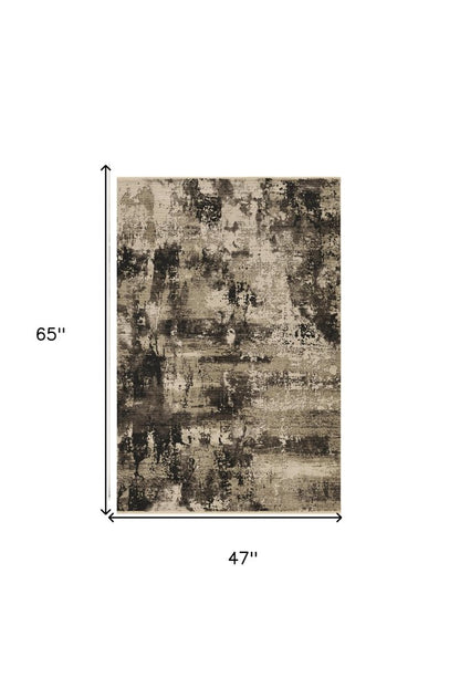 4' X 5' Charcoal Beige And Taupe Abstract Distressed Area Rug